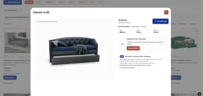 Biano Zobrazit ve 3D – 3D model čalouněné postele s rozměry a tlačítkem pro zobrazení v místnosti